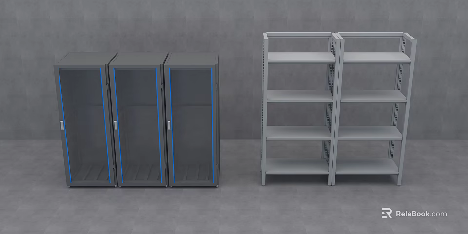 Grey Storage Cabinets with Glass Doors and Open Multi layer Shelves for Modern Storage Solutions 3d model 