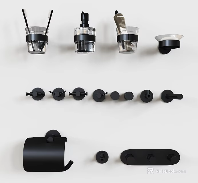 Modern Black Wall Mounted Hooks With Versatile Designs For Home Organization And Storage 3d model 