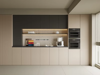 Sleek Modern Kitchen Sideboard Design Featuring Wooden Cabinets Open Shelves And Storage Countertop 3d model