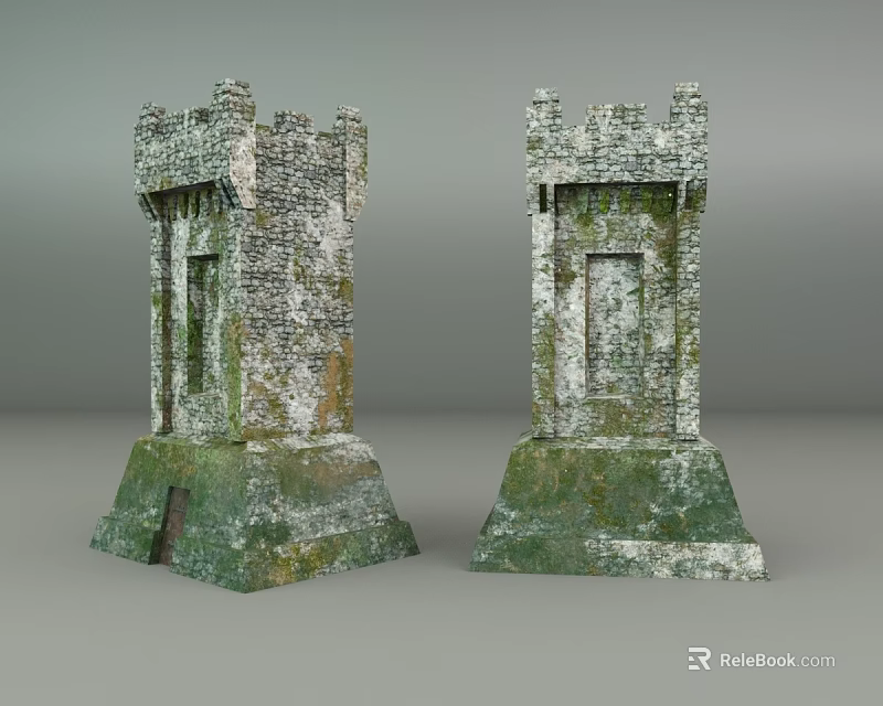 Ancient Stone Pillars With Moss Covered Tower Like Structure And Weathered Texture 3d model