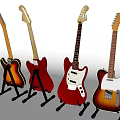 Four Colorful Electric Guitars As Musical Instruments On Stands With Different Hues