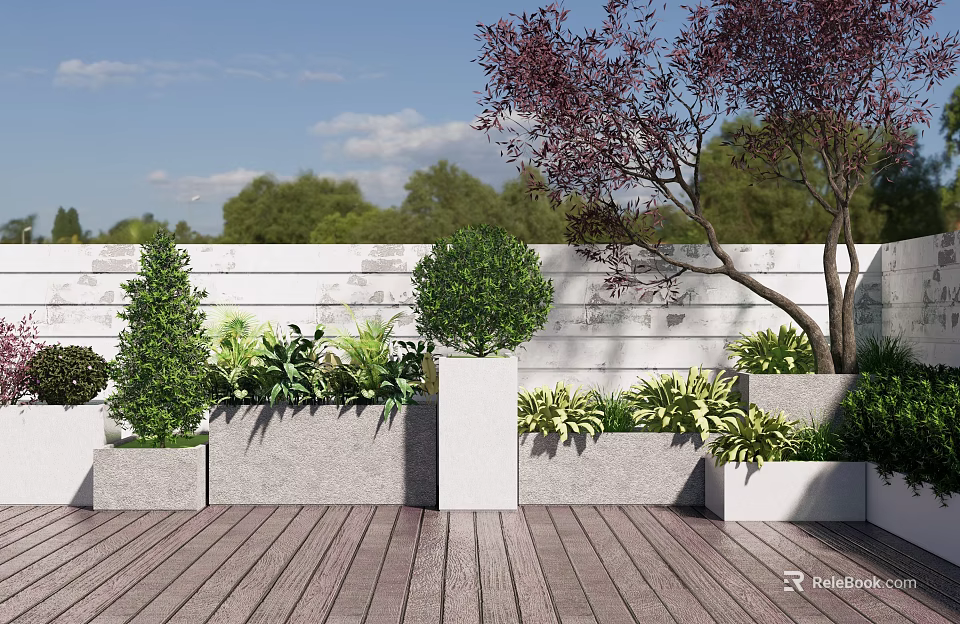 White Planter Boxes On Wooden Deck With Green Plants Shrubs And White Fence 3d model 