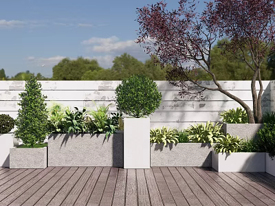 White Planter Boxes On Wooden Deck With Green Plants Shrubs And White Fence 3d model
