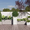 White Planter Boxes On Wooden Deck With Green Plants Shrubs And White Fence