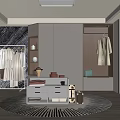 Elegant Modern Walk In Closet Interior With Open Racks Gray Cabinets And Round Striped Rug