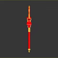 Traditional Decorative Weapon With Red Long Handle Golden Decorations And Flame Like Top Design