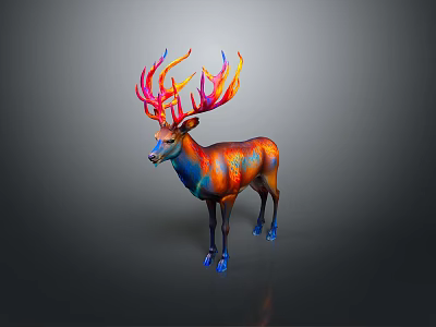 Vibrant Colorful Deer With Rainbow Antlers And Body Patterns On Gray Background 3d model