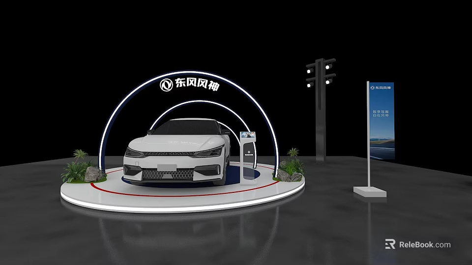 Dongfeng Fengshen White Car Showcase On Circular Display Platform With Curved Background 3d model 