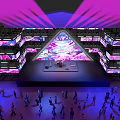Large Indoor Multimedia Venue With Triangular LED Screen Purple Pink Lighting And Crowd 3d model
