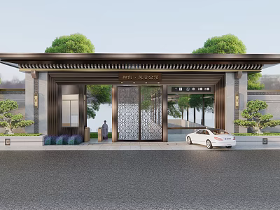 Chinese Style Entrance Gate With Traditional Roof Decorative Lattice Door Green Plants And White Car 3d model