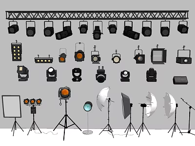 Various Types Of Downlights And Spotlights With Photography Lighting Stands And Reflectors 3d model