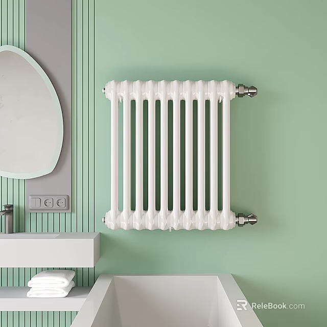 White Wall Mounted Radiator In Modern Bathroom With Light Green Wall 3d model