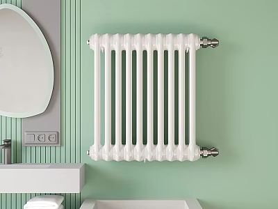 White Wall Mounted Radiator In Modern Bathroom With Light Green Wall 3d model