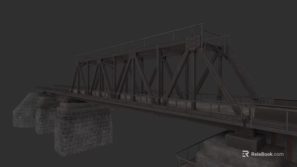 Train Crossing Historic Steel Truss Railway Bridge With Stone Piers 3d model 