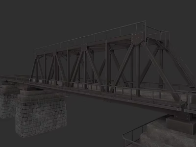 Train Crossing Historic Steel Truss Railway Bridge With Stone Piers 3d model