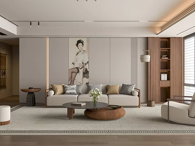Modern Chinese Restaurant Interior With Sofa Coffee Table Decorative Painting Wooden Bookshelf And Area Rug 3d model
