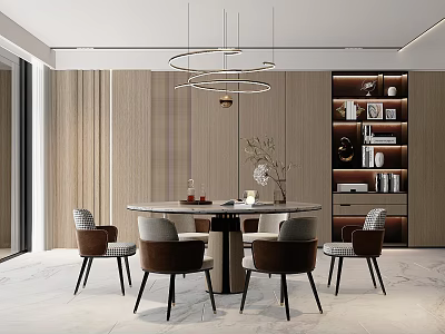 Elegant Modern Dining Room Interior With Round Table Upholstered Chairs Pendant Lights And Textured Wall 3d model