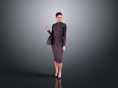 A Woman Wearing Dark Brown Dress Holding Handbag Standing In Gray Background With High Heels 3d model