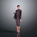 A Woman Wearing Dark Brown Dress Holding Handbag Standing In Gray Background With High Heels