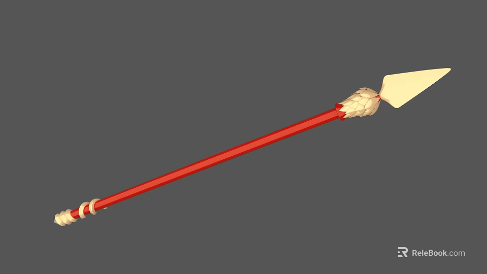 Traditional Spear with Red Long Shaft Golden Decorations and Yellow Triangular Spearhead 3d model 