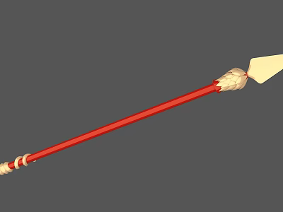 Traditional Spear with Red Long Shaft Golden Decorations and Yellow Triangular Spearhead 3d model