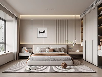 Modern Minimalist Bedroom Interior With Platform Bed Nightstands Pendant Lights And Wardrobes 3d model