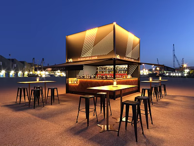 Illuminated Container Style Bar at Night with High Top Tables Bar Stools and Harbor Backdrop 3d model