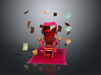 Cartoon Scene Featuring Red Throne With Flying Papers And Candle Holders On Red Carpet 3d model