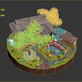 Miniature Landscape Model Featuring Thatched Cottage Orange Trees Bridge Pond And Pavilion On Circular Base