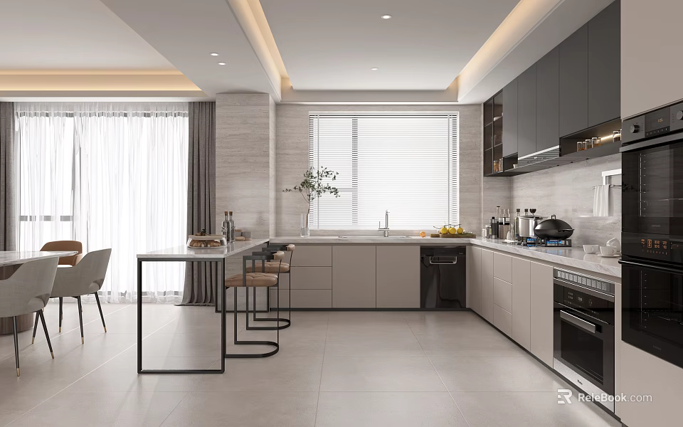 Modern Kitchen Interior With Gray Cabinets Island Countertop And Dining Table Area 3d model 