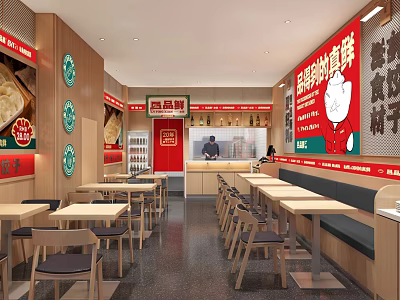 Modern Restaurant Interior With Wooden Tables Red Wall Decor Service Counter And Seating Area 3d model