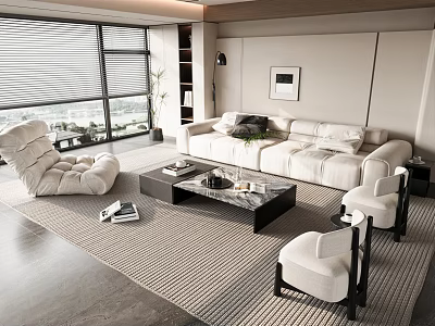 Modern Living Room Sofa And Coffee Table Combination With Large Windows Blinds And Area Rug 3d model