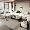 Modern Living Room Sofa And Coffee Table Combination With Large Windows Blinds And Area Rug