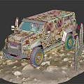 Camouflage Off Road Vehicle with Cactus and Rocks on Desert Terrain