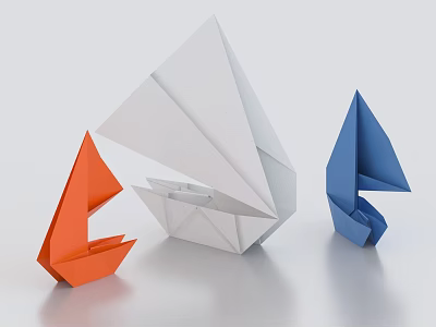 Handmade Origami Boats in White Orange and Blue Colors as Decorative Crafts 3d model