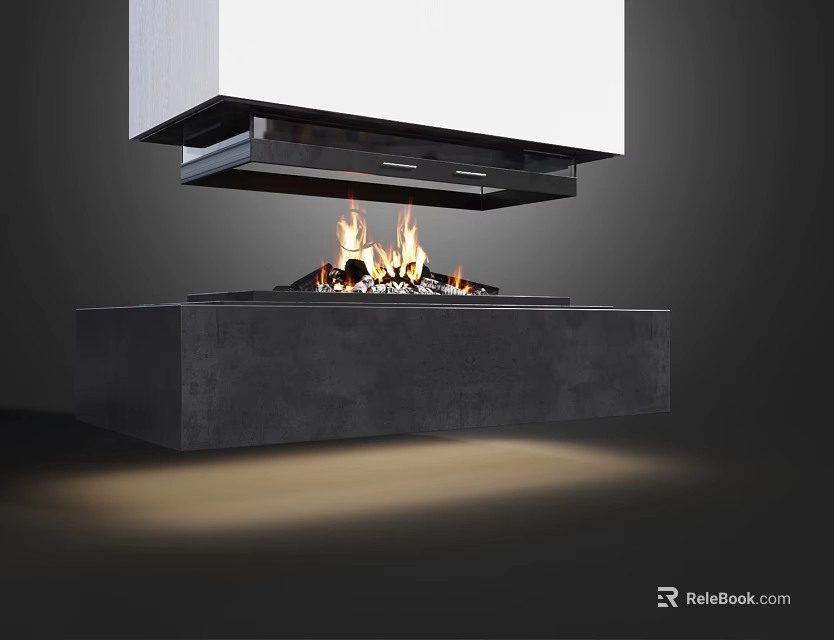 Modern Floating Fireplace with Burning Flames and Gray Base Design 3d model 