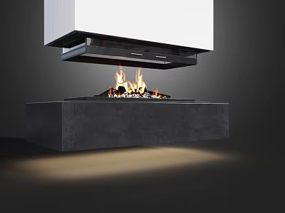 Modern Floating Fireplace with Burning Flames and Gray Base Design 3d model