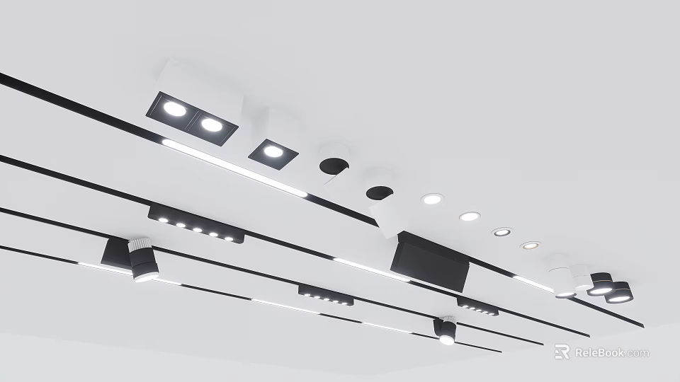 Modern Ceiling Lighting Combination With Recessed Spotlights And Linear Fixtures 3d model 