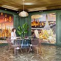 Thai Style Café Interior With Green Walls Hanging Lamps Wooden Chairs And Plants