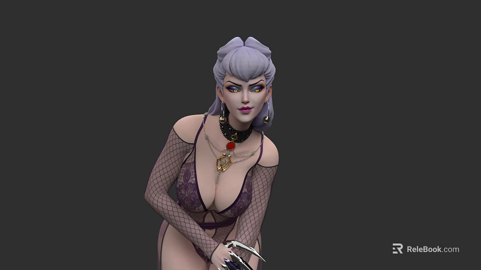 Stylish 3D Female Character With Purple Hair Fishnet Lingerie And Weapon 3d model 