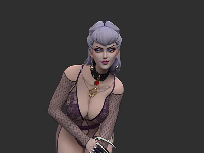 Stylish 3D Female Character With Purple Hair Fishnet Lingerie And Weapon 3d model