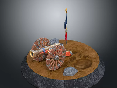 Vintage Military Cannon Scene With Wooden Wheels Flag Stones And Footprints 3d model