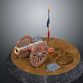 Vintage Military Cannon Scene With Wooden Wheels Flag Stones And Footprints