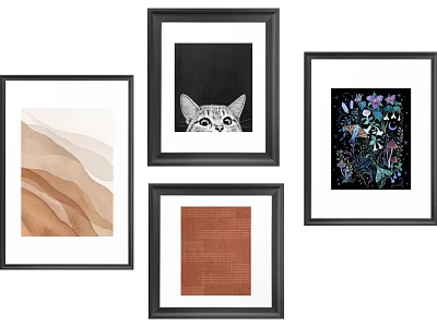 Four Different Framed Wall Art Pieces with Black Frames and Diverse Designs 3d model