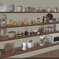 Organized Kitchen Storage With Wooden Shelves Holding Dishes Appliances And Jars