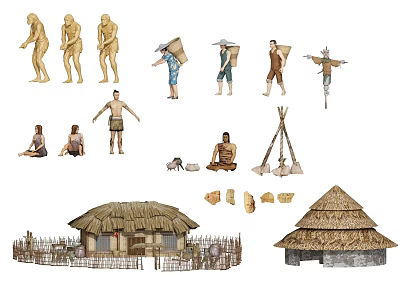 Ancient Primitive Village Scene With Thatched Huts Human Figures Tent And Fence 3d model