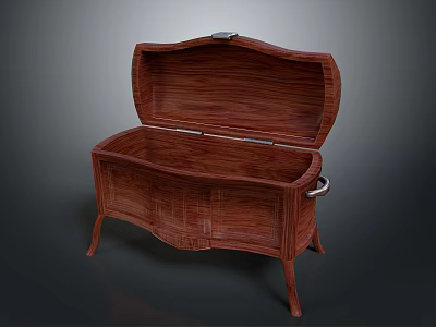Vintage Mahogany Wooden Chest With Open Lid Metal Decorations And Carved Patterns On Legs 3d model