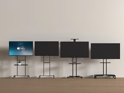 Four Modern TVs On Rolling Floor Stands In Home Interior Setup 3d model