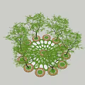 Round Wooden Flower Pots With Trees And Green Circular Ground Layout Design
