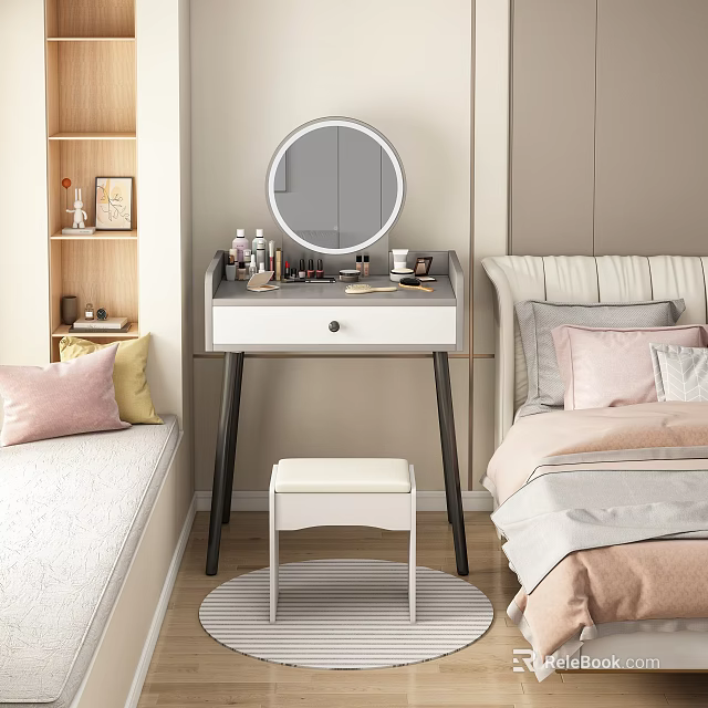 Modern Dressing Table With Round Mirror Cosmetics And Stool In Bedroom Setting 3d model 